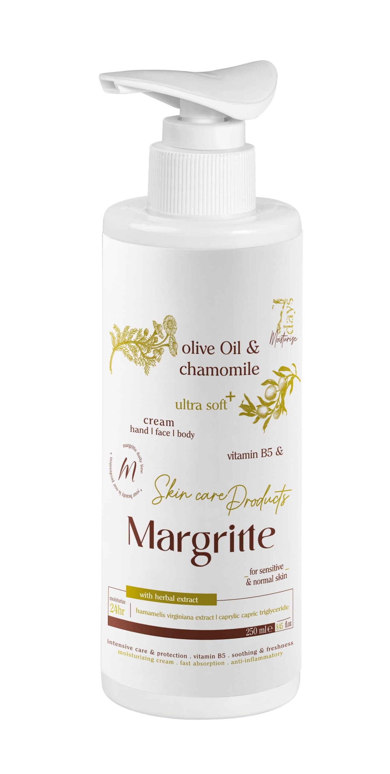 کرم مرطوب کننده آبرسان زیتون بابونه حجم 250 میلی لیتر (پمپی) مارگریت کرم مرطوب کننده آبرسان زیتون بابونه حجم 250 میلی لیتر (پمپی) مارگریت