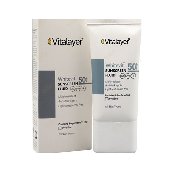 فلوئید ضد آفتاب Spf 50 ویتالیر مدل Whitevit مناسب انواع پوست کدر و دارای لک حجم 50 میلی لیتر – بی رنگ فلوئید ضد آفتاب Spf 50 ویتالیر مدل Whitevit مناسب انواع پوست کدر و دارای لک حجم 50 میلی لیتر – بی رنگ